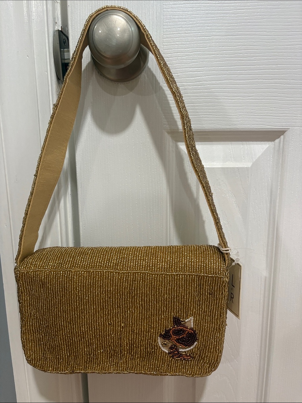 Gold Beaded Shoulder Bag with Cat Motif - Picture 2 of 3